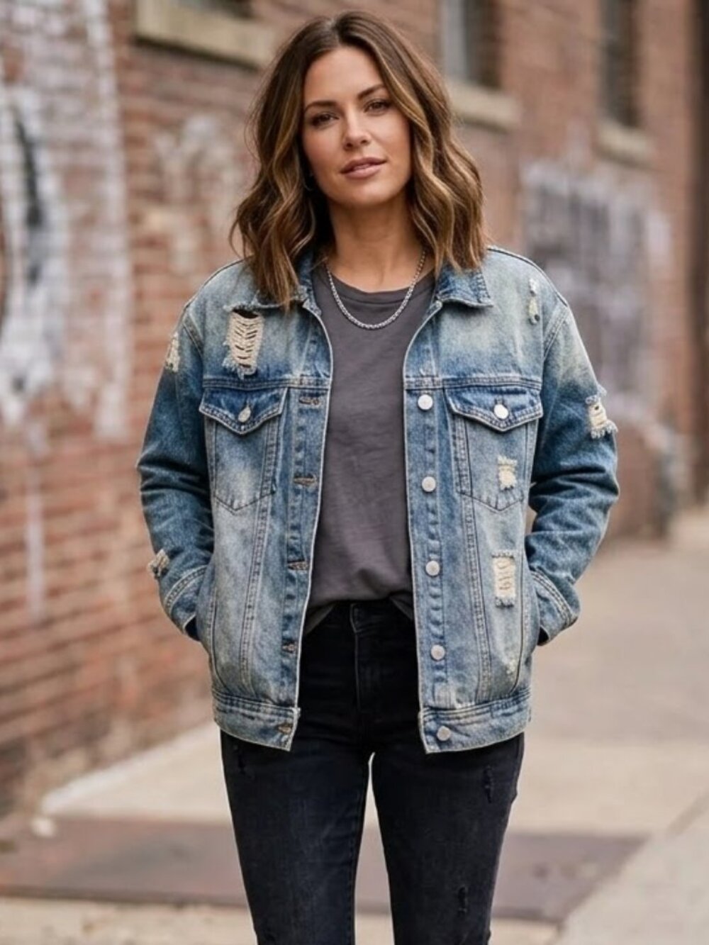 Wear Jeans Retro Long Sleeve Button Worn Broken In Frayed Hole Denim Jacket Coat